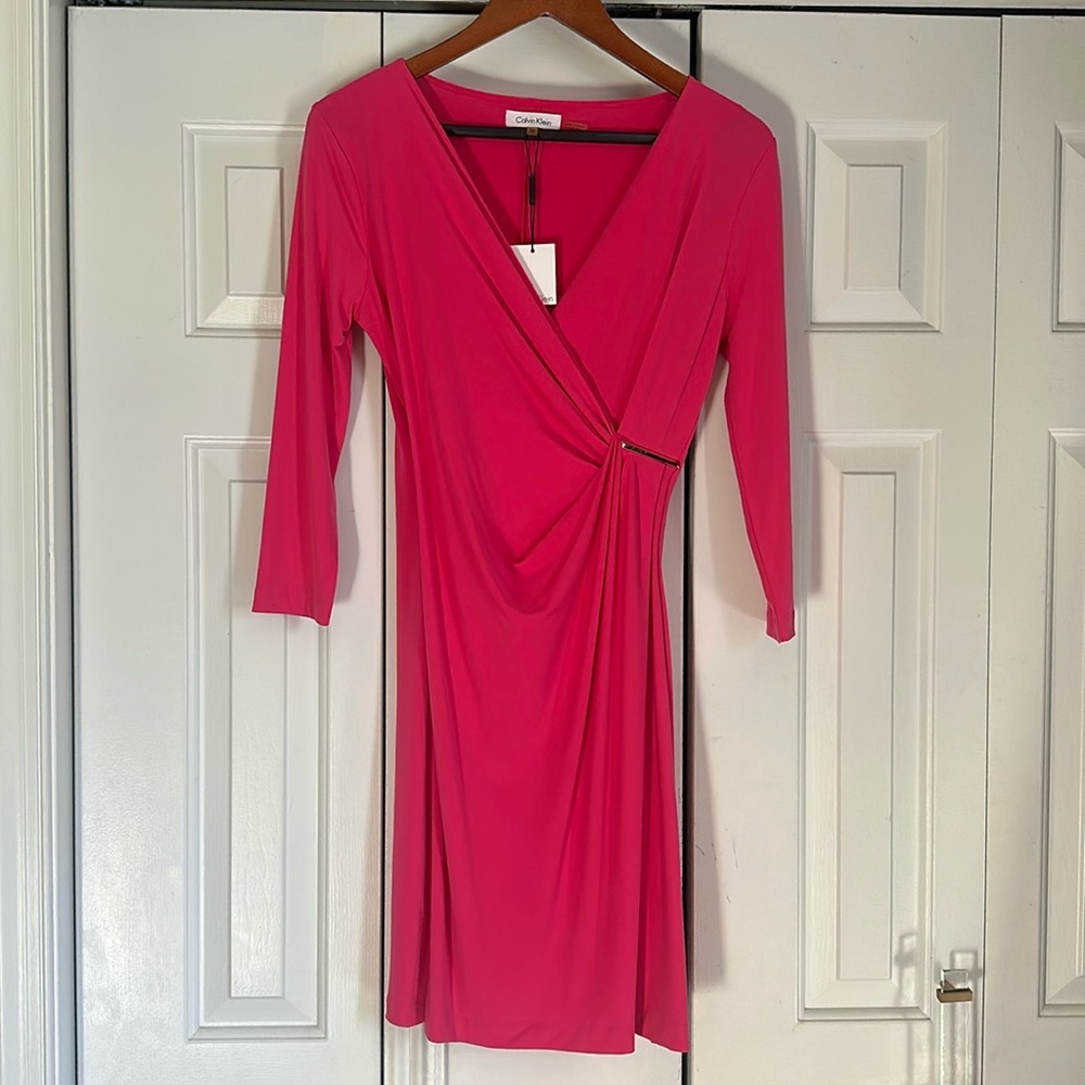 NWT Calvin Klein pink faux wrap midi dress